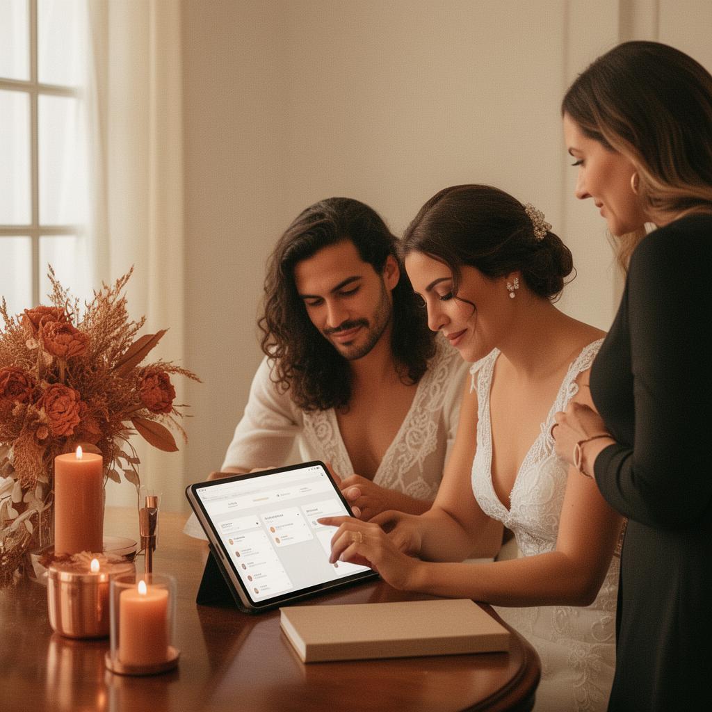 Casal e wedding planner brasileira em reunião editorial